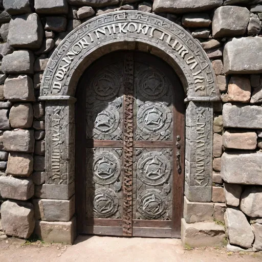 Prompt: stone door with the draconic "Tinvaak ok Drogzin ahrk Bexaan" written on it