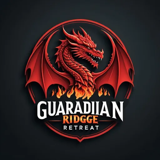 Prompt: (accurately spelled text "Guardian Ridge Retreat"), logo design, (dynamic) real red dragon, intricate detailing, fierce appearance, flames, fire, bold lines, modern dark aesthetic, strong typography, powerful character, misty atmosphere, sleek color palette, minimalist style, vector graphic, (eye-catching) emblem, professional design, realistic HD quality.