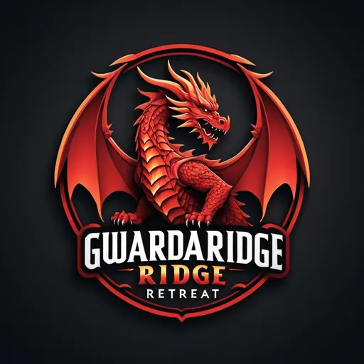 Prompt: (accurately spelled text "Guardian Ridge Retreat"), logo design, (dynamic) real red dragon, intricate detailing, fierce appearance, flames, fire, bold lines, modern dark aesthetic, strong typography, powerful character, misty atmosphere, sleek color palette, minimalist style, vector graphic, (eye-catching) emblem, professional design, realistic HD quality.