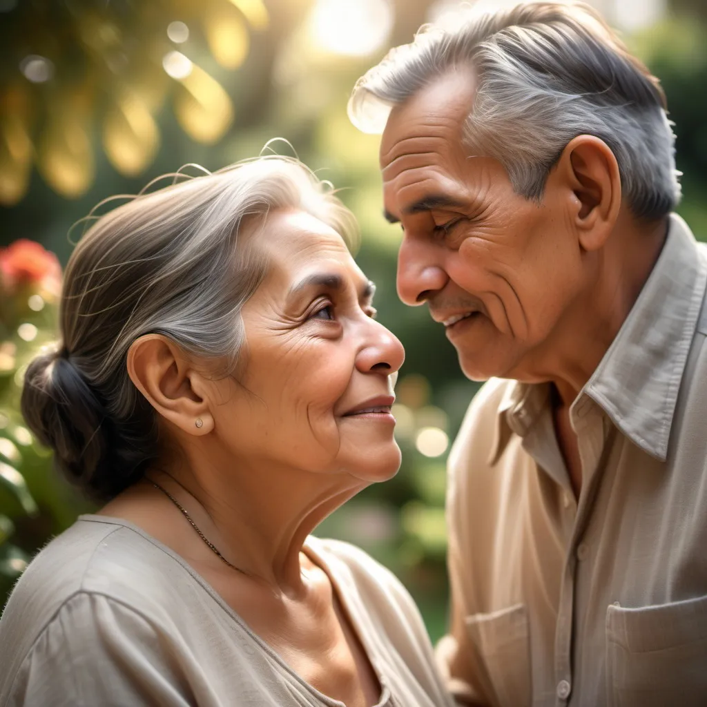 Prompt: (photorealistic closeup) Latin old couple, (subtle contemporary clothing), in a serene garden, soft blurred background, (happy expressions) gazing lovingly at each other, (warm soft sunlight), captured with a 50mm lens, ultra-detailed, emphasizing depth and intimacy in the moment, creating a nostalgic and heartwarming ambiance.