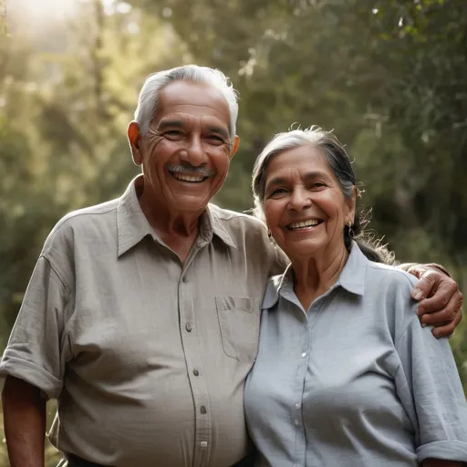 Prompt: latin old couple in nature, realistic, soft light, medium shot, 120 mm lens daylight mid day, contemporary clothing, smiling