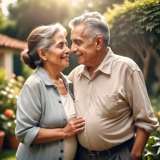 Prompt: closeup latin old couple, contemporary clothing, in garden, background in soft blur,  happy looking at each other, soft sunlight 50 mm lens, realistic image