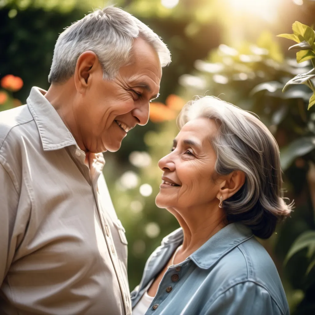 Prompt: closeup latin old couple, contemporary clothing, in garden, background in soft blur,  happy looking at each other, soft sunlight 50 mm lens, realistic image