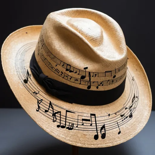 Prompt: Straw hat with music notes and annotations on it