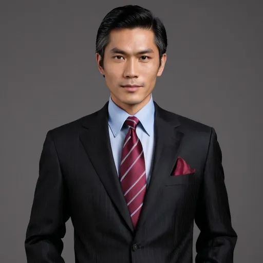 Prompt: A wealthy man of Southeast Asian descent whose jet black hair has a touch of grey and a really nice expensive black suit with blue button down shirt and burgundy pinstriped tie.
