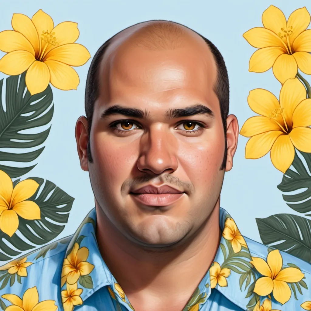 Prompt: a drawing of a big and tall man going bald with a ring of black hair, and brown eyes Mediterranean complexion wearing a light blue Hawaiian shirt with yellow flowers and a white T-shirt underneath 