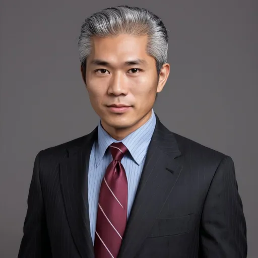 Prompt: A wealthy man of Southeast Asian descent with salt and pepper hair and a really nice expensive black suit with blue button down shirt and burgundy pinstriped tie.
