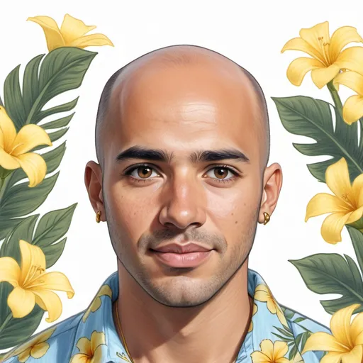 Prompt: a drawing of a man going bald with a ring of black hair, and brown eyes Mediterranean complexion wearing a light blue Hawaiian shirt with yellow flowers and a white T-shirt underneath 