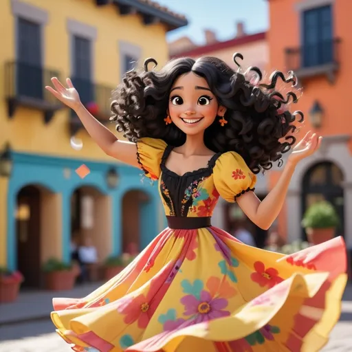 Prompt: Dezy twirling joyfully in a sunny town square.

Background: Colorful Spanish-style buildings, flower pots, and music notes in the air.

Dezy: Smiling, wearing a bright dress, her long curly black hair bouncing as she spins. with small vitiligo spot on her hands
