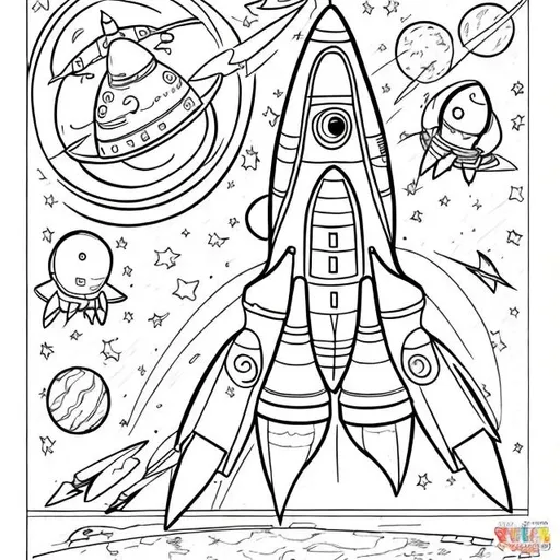 Prompt: coloring book for kids with spaceships and rockets