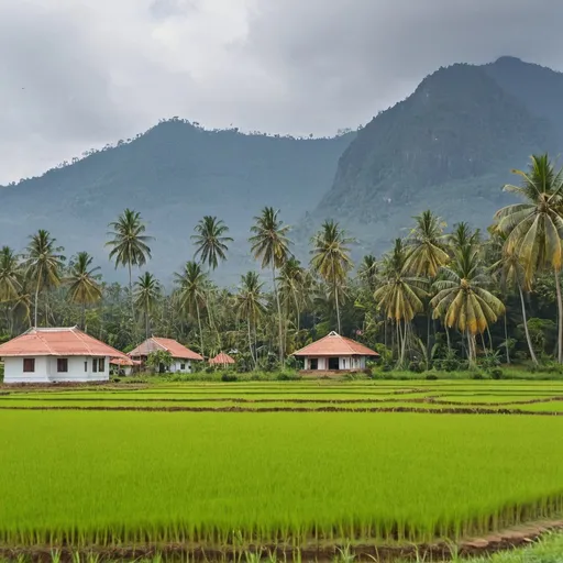 Prompt: paddy field in Sri Lanka with coconut trees, mountains, a temple and a few houses in the background
