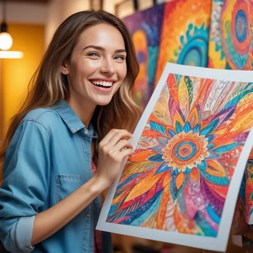 Prompt: Happy person admiring creatively printed artwork, brightly printed sheet of paper, uniquely printed product, vibrant and joyful, high quality, detailed, colorful, lively, artistic, cheerful expression, natural lighting, 4k resolution, vibrant colors, detailed features, joyful moment, professional photography, colorful designs, genuine smile, unique patterns, vivid print