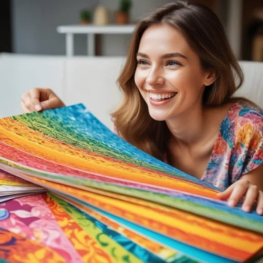 Prompt: Happy person admiring creatively printed design, brightly printed sheet of paper, uniquely printed product, vibrant and joyful, high quality, detailed, colorful, lively, artistic, cheerful expression, natural lighting, 4k resolution, vibrant colors, detailed features, joyful moment, professional photography, colorful designs, genuine smile, unique patterns, vivid print