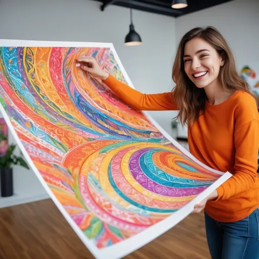 Prompt: Happy person admiring creatively printed artwork, brightly printed sheet of paper, uniquely printed product, vibrant and joyful, high quality, detailed, colorful, lively, artistic, cheerful expression, natural lighting, 4k resolution, vibrant colors, detailed features, joyful moment, professional photography, colorful designs, genuine smile, unique patterns, vivid print