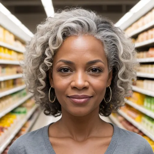 Prompt: Create a high-resolution, full-body image (at least 1024x1024 pixels) of an African American woman in her 40s with short, naturally curly blonde and gray hair. The image should meet the following criteria:

	1.	Resolution: Ensure the image is at least 1024x1024 pixels to capture high detail, especially in the facial features, for accurate AI lip-syncing.
	2.	Clarity: The woman should be directly facing the camera, with a neutral or slightly smiling expression. The facial features should be clear and well-defined.
	3.	Lighting: Use even, natural lighting to avoid shadows and highlight her features accurately. This is crucial for AI tools to detect and map facial landmarks.
	4.	Pose: The subject should have a front-facing pose with minimal tilt, ensuring symmetry in the image.
	5.	Background: The woman is standing in a well-lit vitamin shopping aisle with a banner in the background that says ‘Porter Natural Health’ in bold, modern font.
	6.	File Format: The image should be in high-quality JPEG or PNG format, maintaining the image quality needed for detailed analysis by AI programs.