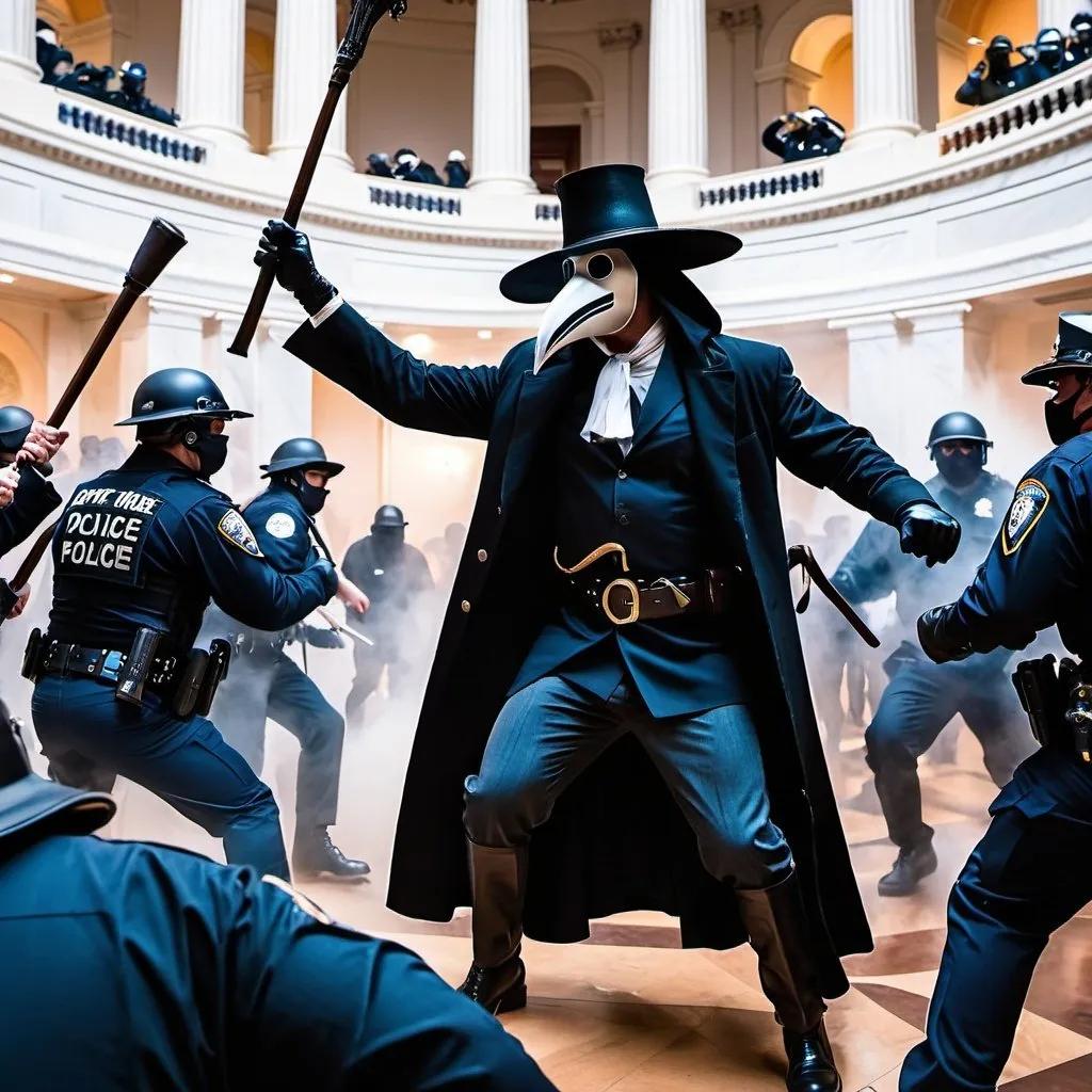 Prompt: Crazy republicans storming the United States capitol building. There are many Republican rioters fighting with police officers. The scene is violent and chaotic with many people. There is one plague doctor present and he is brutally beating one of the police officers with an ornate cane. Action shot. Action. Violent. Brutal. Action. Punches. Kicks. Batons.