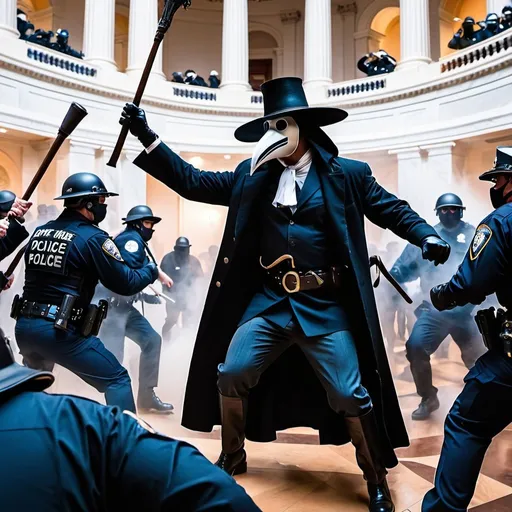 Prompt: Crazy republicans storming the United States capitol building. There are many Republican rioters fighting with police officers. The scene is violent and chaotic with many people. There is one plague doctor present and he is brutally beating one of the police officers with an ornate cane. Action shot. Action. Violent. Brutal. Action. Punches. Kicks. Batons.