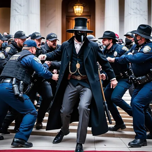 Prompt: The scene is the january 6th capital insurrection where crazy republicans stormed the capitol building. There are many Republican rioters fighting with police officers. The scene is violent and chaotic. Police officers are beating rioters and the rioters are beating police officers. There is one plague doctor present at the riot. He is brutally beating a cop with an ornate cane. The plague doctor is wearing a red "make America great again" baseball hat.