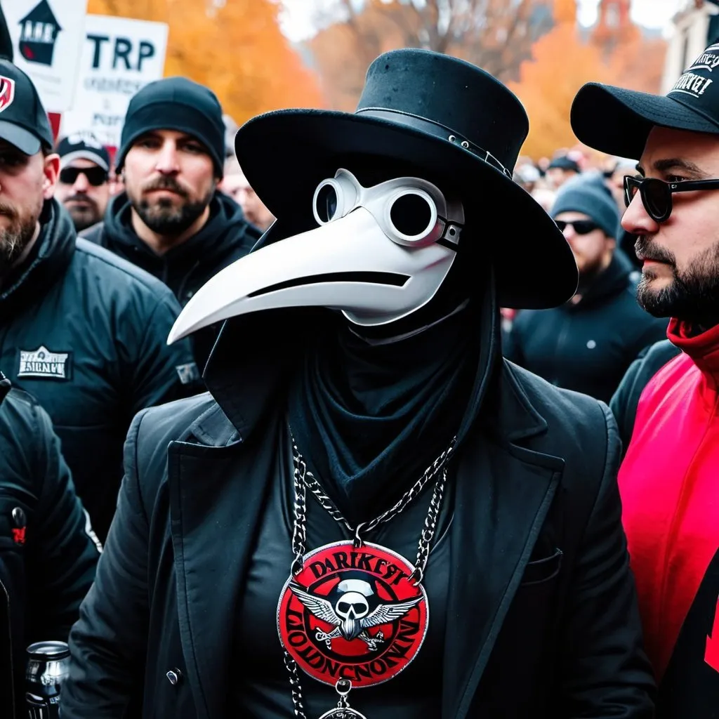 Prompt: Plague doctor from darkest dungeon at the January 6th capital riot, wearing anti-woke and pro-trump merchandise