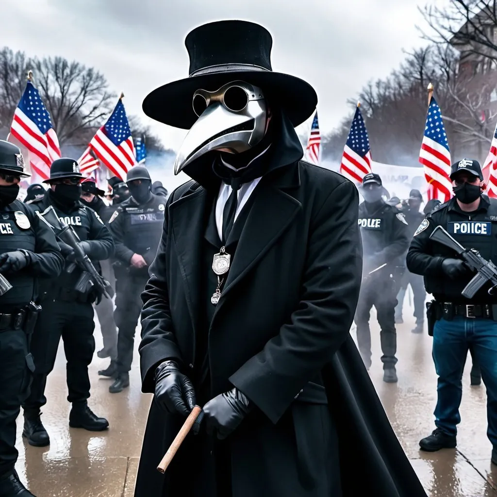 Prompt: Plague doctor at the January 6th capital insurrection. The plague doctor is wearing a "make America great again hat". The scene is violent and chaotic. There are police officers fighting with trump supporters in the background.