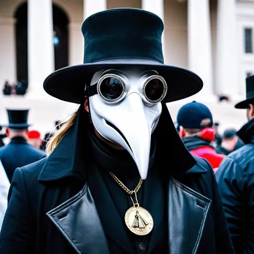 Prompt: Plague doctor at the January 6th capital insurrection. The plague doctor is wearing anti-woke and pro-trump merchandise.