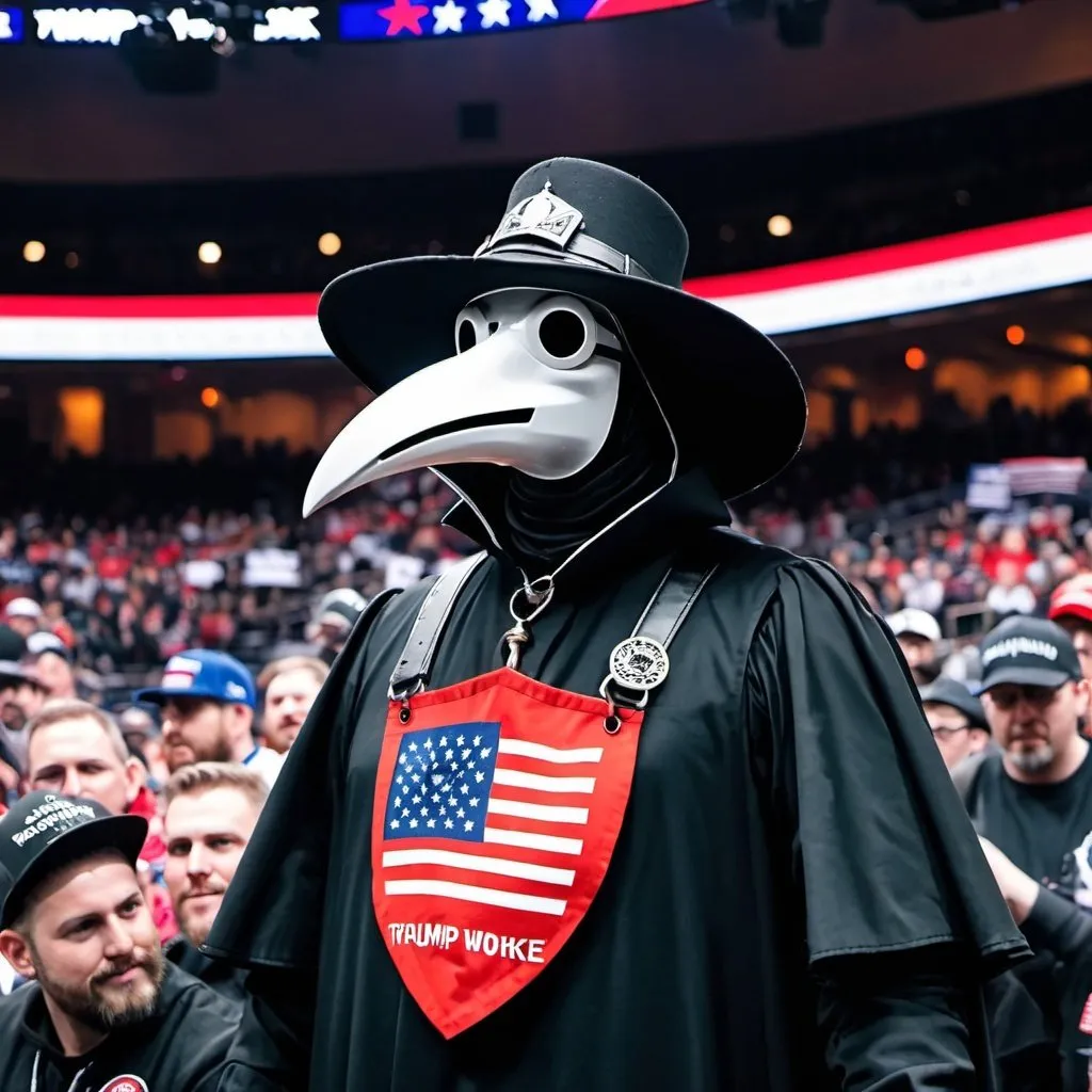 Prompt: Plague doctor from darkest dungeon at a trump rally wearing anti-woke merchandise