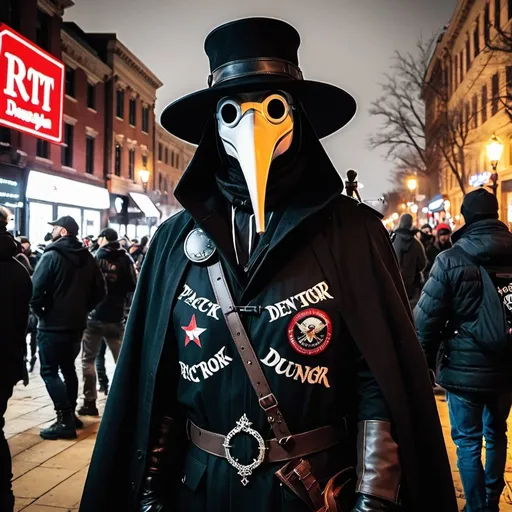 Prompt: Plague doctor from darkest dungeon at the January 6th capital riot, wearing anti-woke and pro-trump merchandise