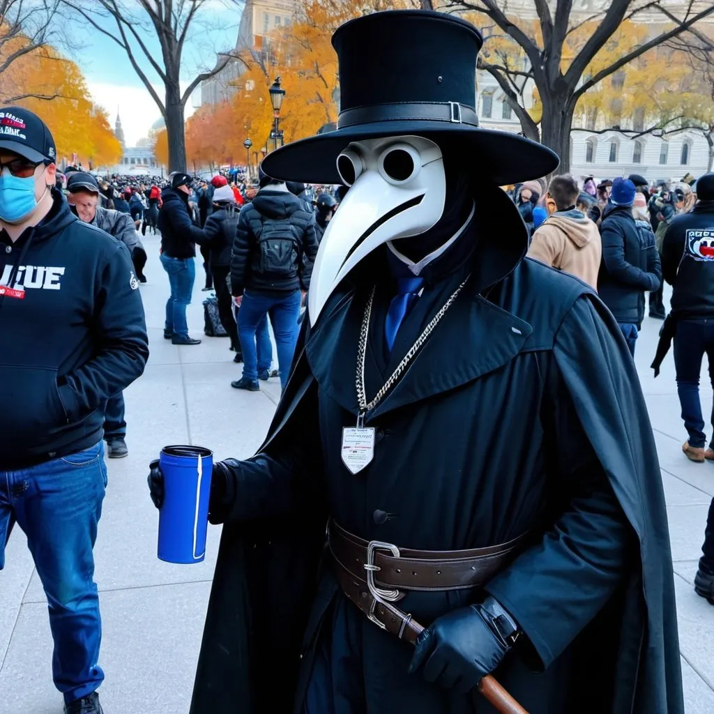 Prompt: Plague doctor at the January 6th capital insurrection. The plague doctor is wearing anti-woke and pro-trump merchandise.