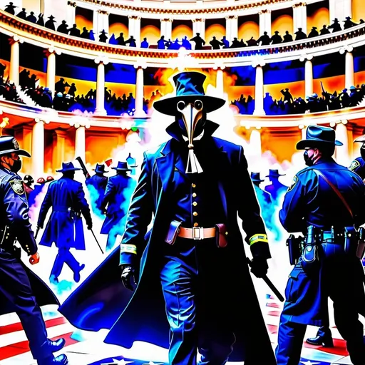 Prompt: Crazy republicans storming the United States capitol building. There are many Republican rioters fighting with police officers. The scene is violent and chaotic with many people. There is one plague doctor present, he is one of the rioters. Action shot.