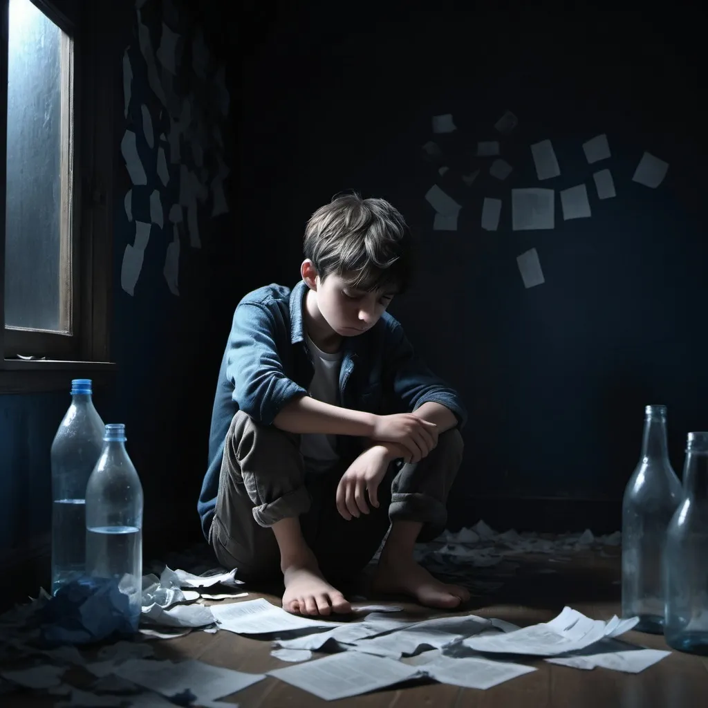 Prompt: (depressed boy), sitting alone in a (dimly lit) dark room, shadows enveloping the walls, reflecting a gloomy atmosphere, (sorrowful expression), hunched posture, surrounded by crumpled papers and empty bottles, deep blue and gray tones, conveying a feeling of loneliness, (highly detailed), evoking empathy and introspection, (4K quality).