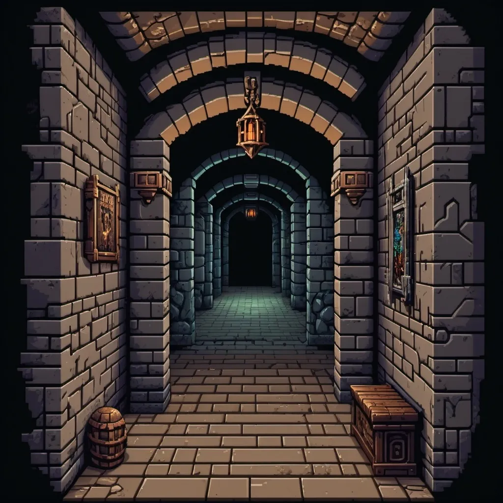 Prompt: grimm stone dungeon hallway in pixelated graphic like 90´s videogames on Amiga, it must be viewed as a cross section ,from side