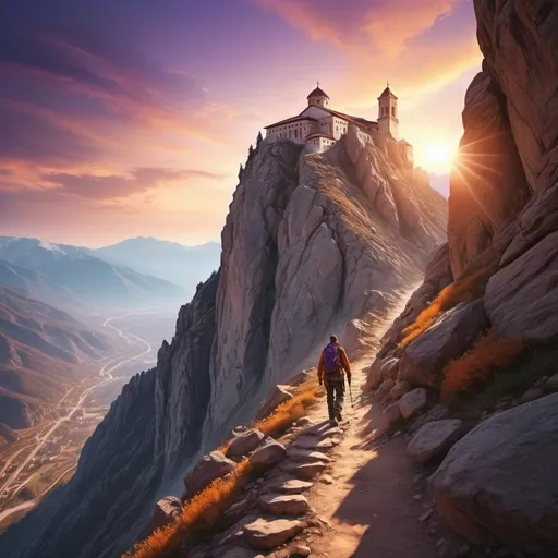 Prompt: Mountain Climber on the side of a mountain nearing a mountain top christian monastery, difficult climb behind