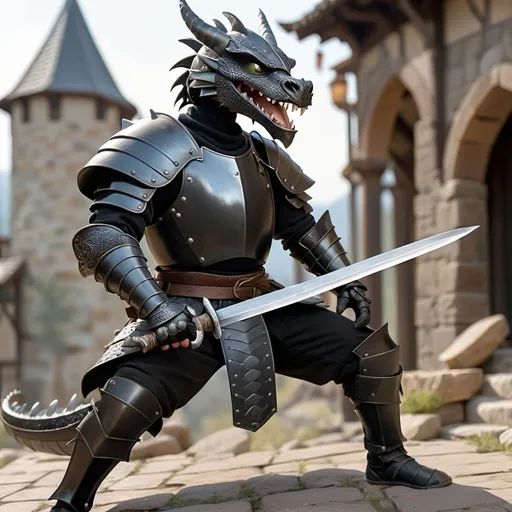 Prompt: A bandit, dressed in all black armor, armor is a mixer of mail and steel plates., wielding a sword steel sword with a hand shaped like a dragon, has a shield on his back with scrapes and scratches 