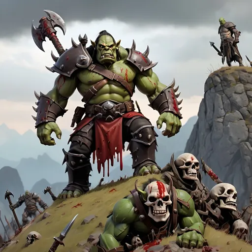 Prompt: Orc warlord stand on top of a hill overlooking the body's of a dead men, with blood trickling down his armor made of the bones of his defeated enemies 