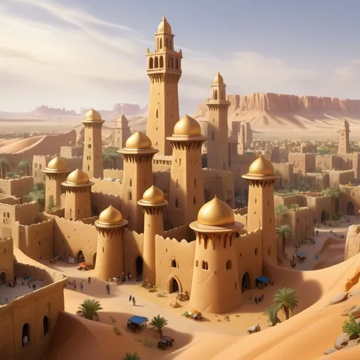 Prompt: Hyper Realistic, Desert City with a large golden tower at its Centre, Houses Made of sandstone walls, Vibrant Markets Everywhere Brimming with life,  