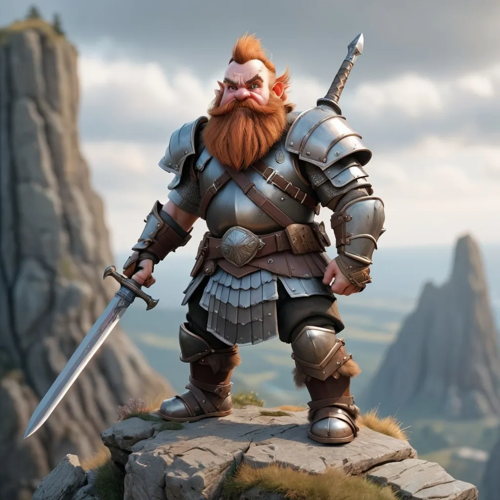 Prompt: Hyper Realistic, dwarf warrior with ruff iron armor carrying a broad sword, standing on top of a cliff overlooking a battlefield 