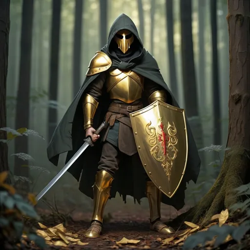 Prompt: a hooded man wielding a sword and shield, armor is made of mail, man is stand in dark forest with a dead body as his feet, man holding pouch of gold in his hand 