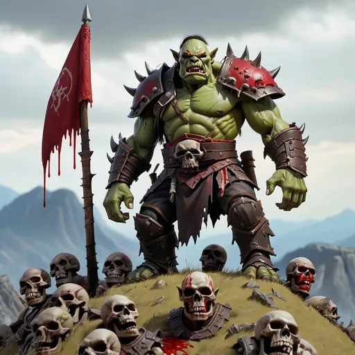 Prompt: Orc warlord stand on top of a hill overlooking the body's of a dead men, with blood trickling down his armor made of the bones of his defeated enemies 