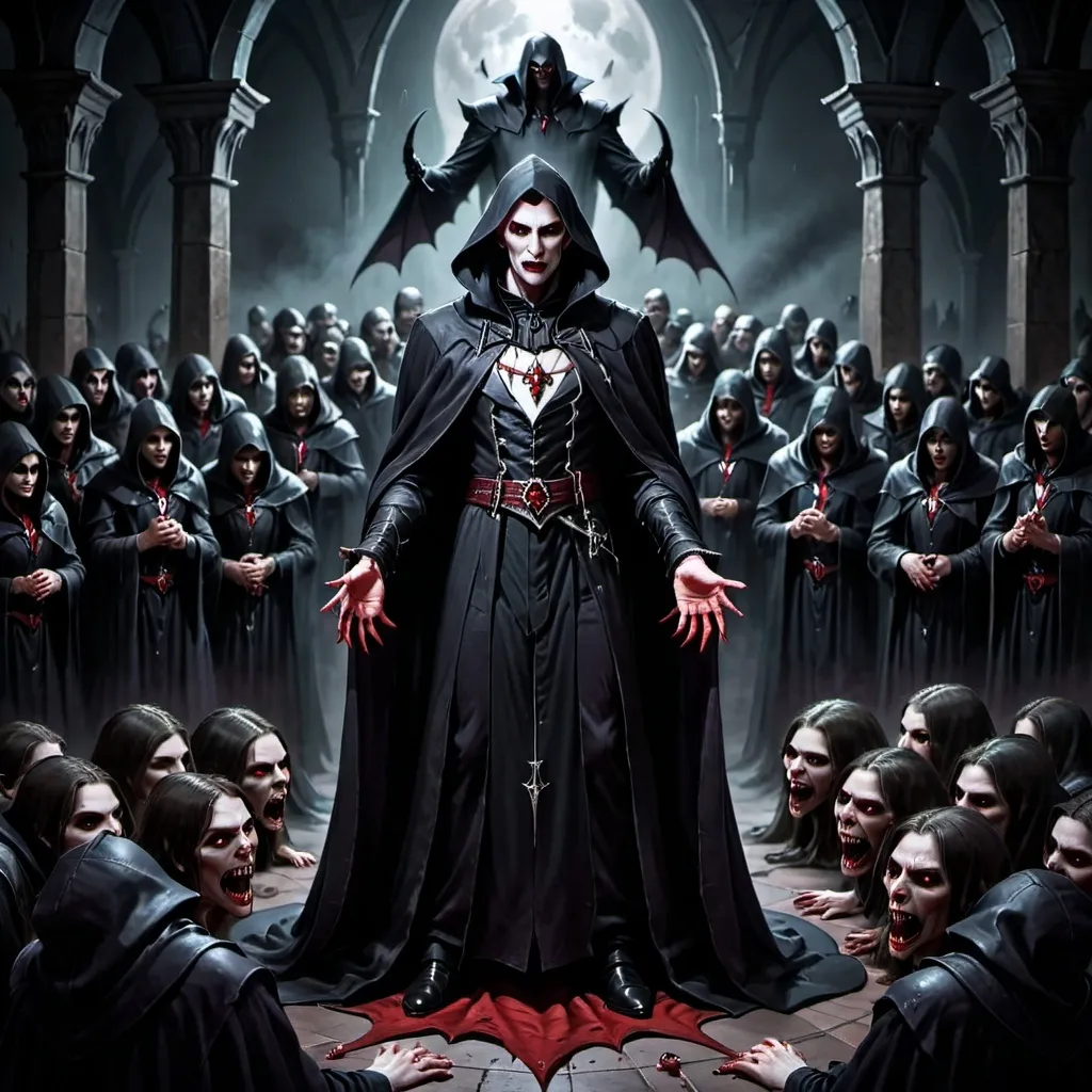 Prompt: vampire overlord standing over his victims with an army of his loyal dark hooded followers behind him  