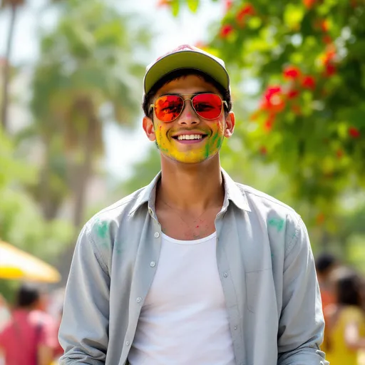 Prompt: A young man stands confidently, flashing a casual smile against the backdrop of vibrant colors and greenery, likely captured during a festive celebration. He wears a light gray patterned shirt that complements a plain white tank top underneath, and stylish sunglasses reflect the cheerful atmosphere around him. His face is adorned with splashes of bright yellow, green, and red, hints of traditional celebration paint, while a baseball cap adds to his laid-back vibe. The setting features a cluster of trees and blurred figures in the background, indicating a lively outdoor event under bright daylight, enhancing the joyous mood of the moment. This image captures not just a portrait but the essence of youthful exuberance and festive spirit.