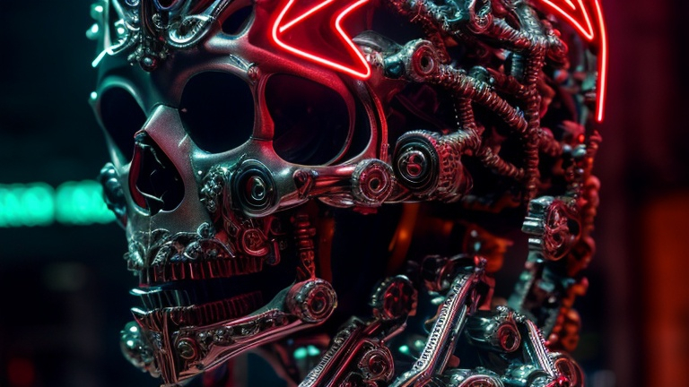 Prompt: Futuristic biomechanical chrome skull, adorned with intricate filigree, grim dark aesthetic, baroque elements, technocracy, high quality, detailed, futuristic biomechanical, cybernetic, chrome, neon lights, filigree embellishments, grim dark, Hellraiser, Stranger Things, robotic, baroque, technocracy, intricate details, dark color palette, graphic, horror, red neon lighting, black background, Neo-futuristic.