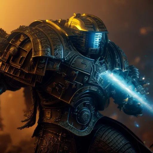 Prompt: Close-up cinematic shot of a fierce Space Marine from the World Eater faction, engaging in battle with machine cult forces, full body, 3D rendering, futuristic baroque style inspired by John Blanche, Ian Miller, and Mark Gibbens, intense and dramatic lighting, highres, ultra-detailed, chaotic battle scene, Gothic 80's movie theme, professional, vibrant color palette, dynamic composition