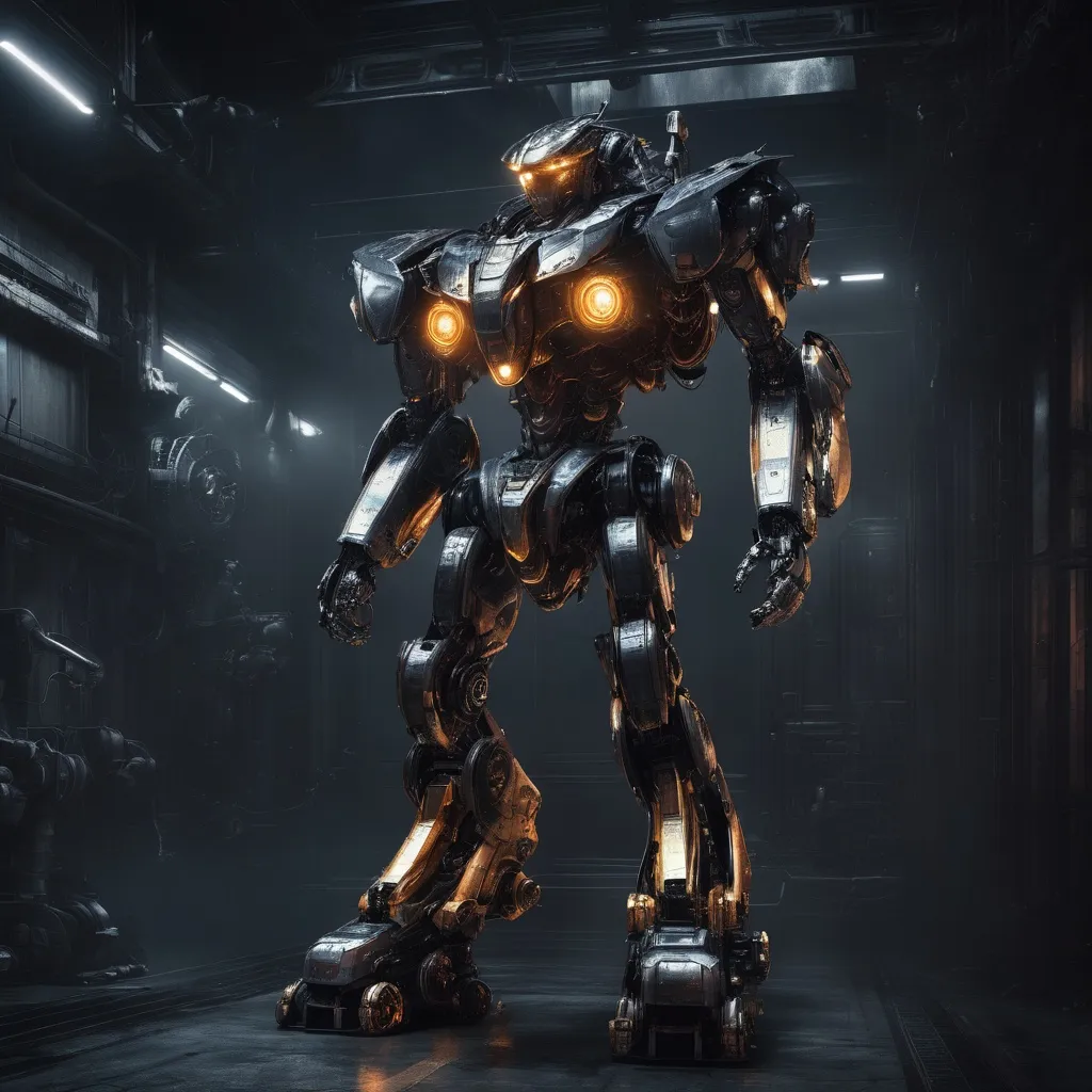 Prompt: Fullbody, Mechanical battle robot, dark world, robotic background, high quality, detailed, , dark theme, futuristic, cool tones, intense lighting, metallic sheen, imposing presence, glowing eyes, professional rendering