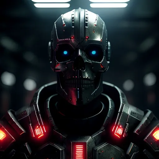 Prompt: Cyborg skull in a grim dark sci-fi setting, detailed metallic texture, intense red and blue lighting, ominous atmosphere, high-quality rendering, robotic, futuristic, dark background, glowing eyes, dystopian, gritty, shadows, highres, ultra-detailed, sci-fi, metallic texture, ominous atmosphere, intense lighting, robotic, futuristic, dystopian, gritty, shadows
