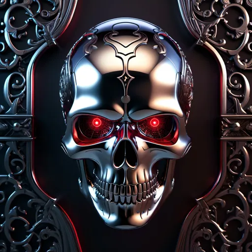 Prompt: Chrome skull with metallic finish, intricate engravings, 3D rendering, high quality, futuristic, neon colors, dramatic lighting, glowing red eyes, sleek design, baroque style, Grim Dark, professional, intricate details, chrome textures, elaborate engravings, futuristic design, dramatic neon lighting, highres, ultra-detailed, professional 3D rendering, baroque, sleek and metallic, futuristic, glowing red eyes