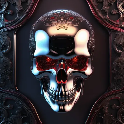 Prompt: Chrome skull, metallic finish, intricate engravings, high quality, detailed 3D rendering, futuristic, Neon Colors, dramatic lighting, glowing red eyes, sleek design, baroque style, Grim Dark, professional, futuristic, dramatic lighting, neon colors