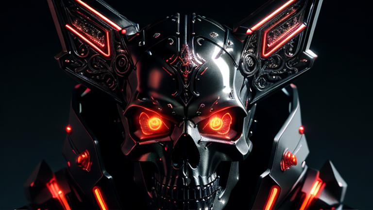 Prompt: Chrome skull with metallic finish, intricate engravings, 3D rendering, high quality, futuristic, neon colors, glowing red eyes, sleek design, baroque style, Grim Dark, professional, intricate details, chrome textures, elaborate engravings, futuristic design, dramatic neon lighting, highres, ultra-detailed, professional 3D rendering, baroque, sleek and metallic, futuristic, glowing red eyes. Baroque background