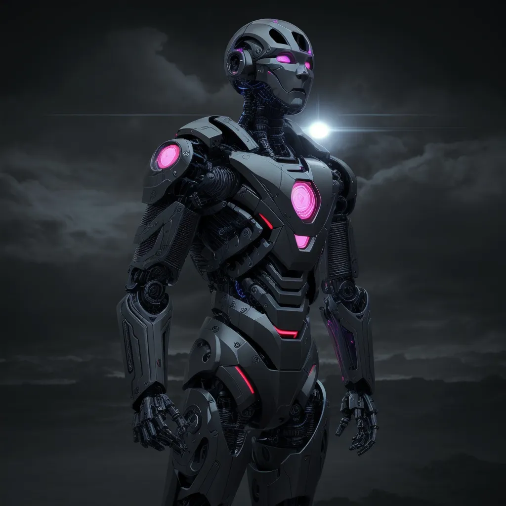 Prompt: ALMOST HUMAN flesh cyborg dark theme robotic background dark world fullbody 2 forms