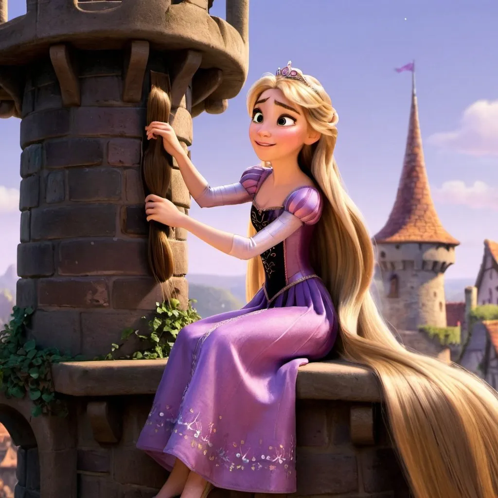 Prompt: a princess from tangled sitting on a tower brushing her long hair 
