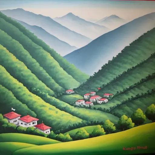 Prompt: Help me create something from the Hills of Himachal in a painting form of Kangra art it should be original unique